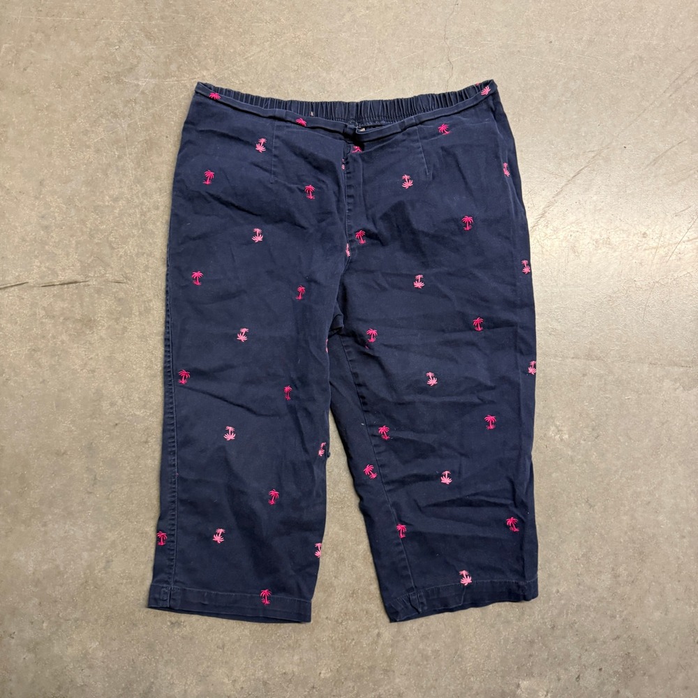 White Stag Womens Navy Pink Palm Tree Embroidered Crop Pants Capris Size 18
